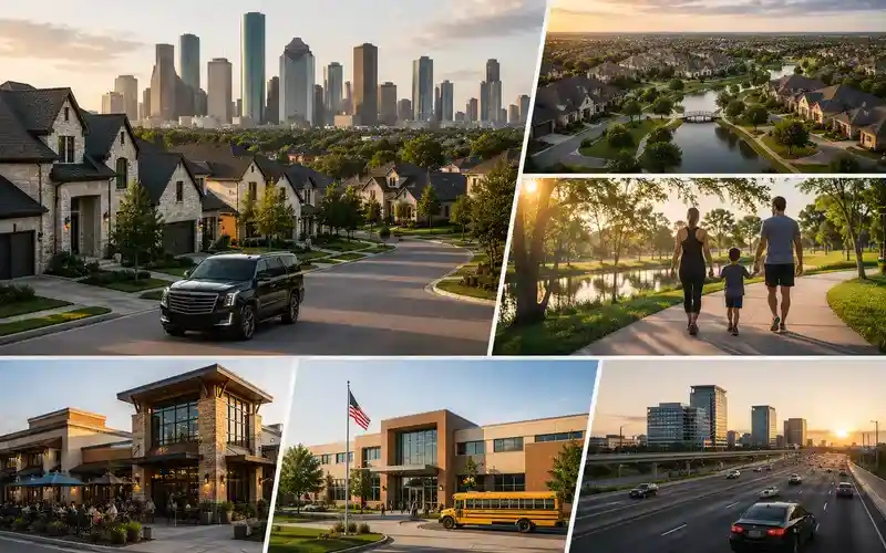 Luxury Houston suburban neighborhoods with upscale homes, parks, schools, dining destinations, highways, and growing business districts, representing the continued residential and commercial growth of Greater Houston suburbs.